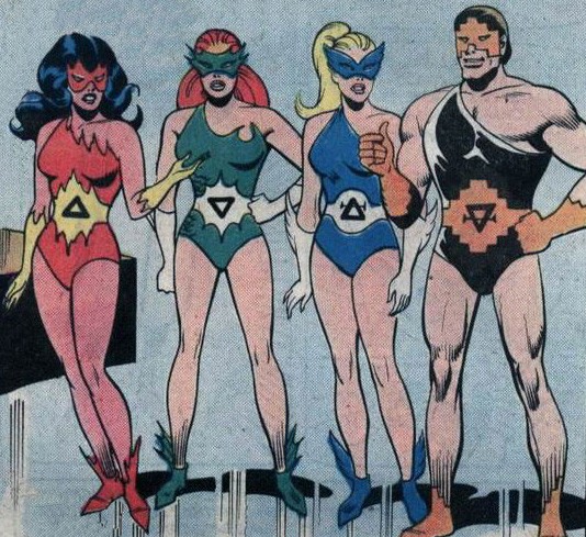 The Elementals, art by Ramona Fradon; from left to right, Salamander, Undine, Sylph, Gnome. Source: Wikipedia.