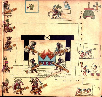 The New Fire Ceremony illustrated in the Codex Borbonicus (Source: Wikipedia). Four high priests take 52 pieces of wood to be burned in the sacred fire. This is the source used to reignite fires across the Aztec empire at the beginning of the new 52 year cycle.