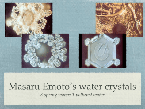 Photographs by Masaru Emoto of frozen crystals sourced from natural and polluted water (Source: quakersoatslive blog)..