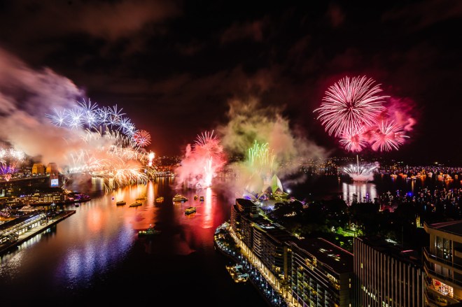 Sydney, Australia see in the 2014 New Year New Year with a spectacular display of fire and water. Source: syndneynewyearseve.com.
