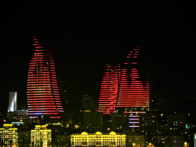 Flame Towers in Baku, Azerbaijan, the Land of Fire (Source: pixgood.com). The simulated flames on the towers at night are produced by LED lights. It would be great to see them in person!
