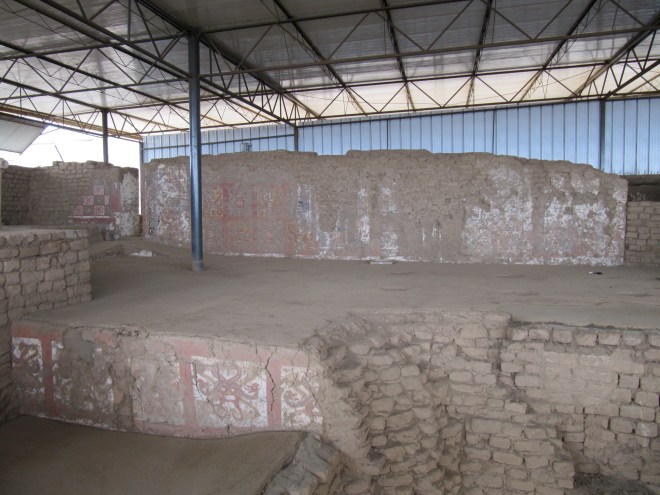Adobe bricks and friezes inside the Temple of the Moon, Trujillo, Peru