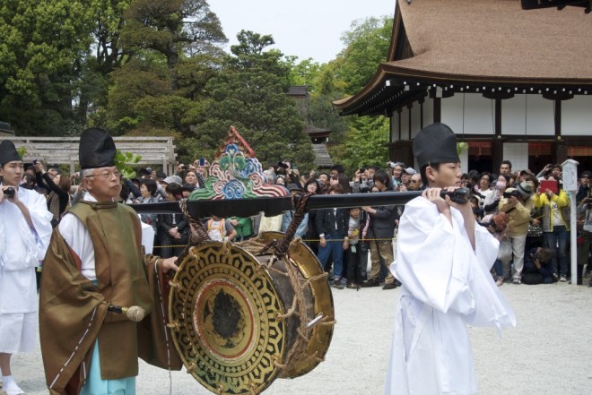 The single drum used in religious music played at the recreation of events dating back 1,500 years. Source: Green Shinto.