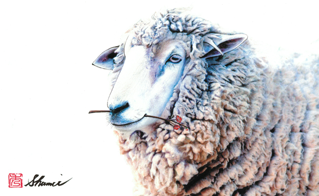 A beautiful water-colour by Shumei Kobayashi, created for the Year of the Sheep. Source: Lesley Kehoe Gallery, Melbourne.