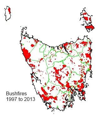 This map of bushfires experienced in Tasmania over the period 1997-2013 shows their wide extent.