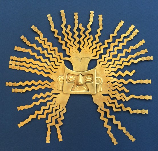 The Coricanch was covered and filled with gold. In one of the tragedies of the ages, almost all of the Inka gold was melted by the Spaniards. This golden sun mask, from the La Tolita culture in northern Ecuador, has survived the ages. The original is in the Museo de Banco in Quito, Ecuador. Gold was seen as a product of the sun by many cultures in South America.