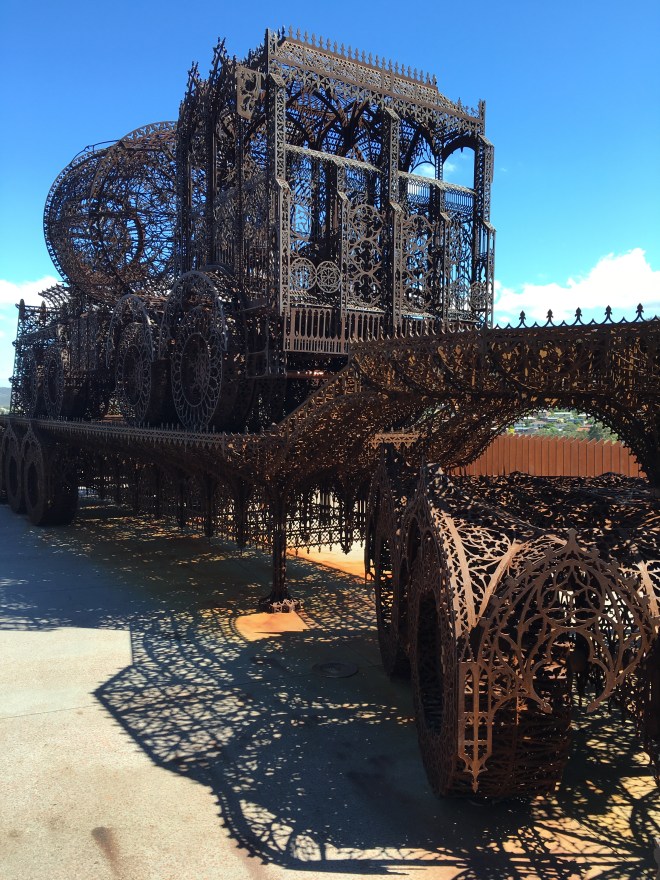 The interaction between metal, water and air in this sculpture by Wim Delvoye at MONA creates a beautiful layer of rust. Given enough time, these interactions will lead to the sculpture corroding to rust dust.
