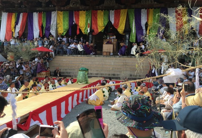 The Kaeru-tobi festival is based on a Buddhist fable where a man who had incurred the wroth of a local deity was saved by the Shugendo priests at Kinpusenji. They used their skills to change the man first into the shape of a frog and finally back to his original human shape once it was safe to do so. (Details of the fable are from the darumapilgrim blogspot).