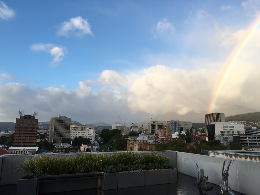 Every day we interact with the elements on a personal level, whether we live in the city or the country. So far this year in Tasmania it has been wet, dry, warm, cool, windy and calm. The clouds have been captivating as always. And to top it off this morning, a rainbow - with a hint of a second - over kunanyi/Mt Wellington.