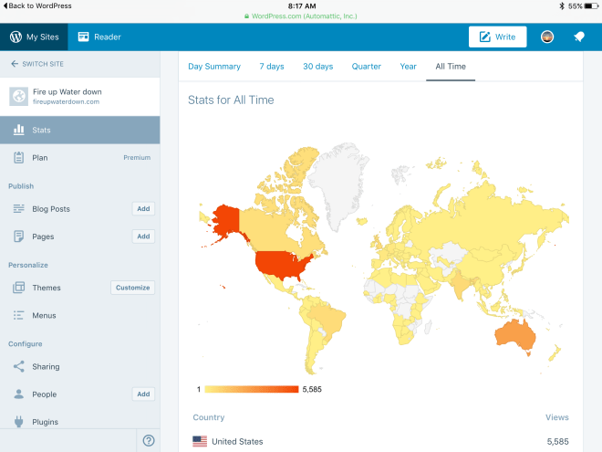 A map of the countries that viewers have come from over the last three years. I am sure there is much more you can glean from the statistics WordPress provide. This is a good start though.